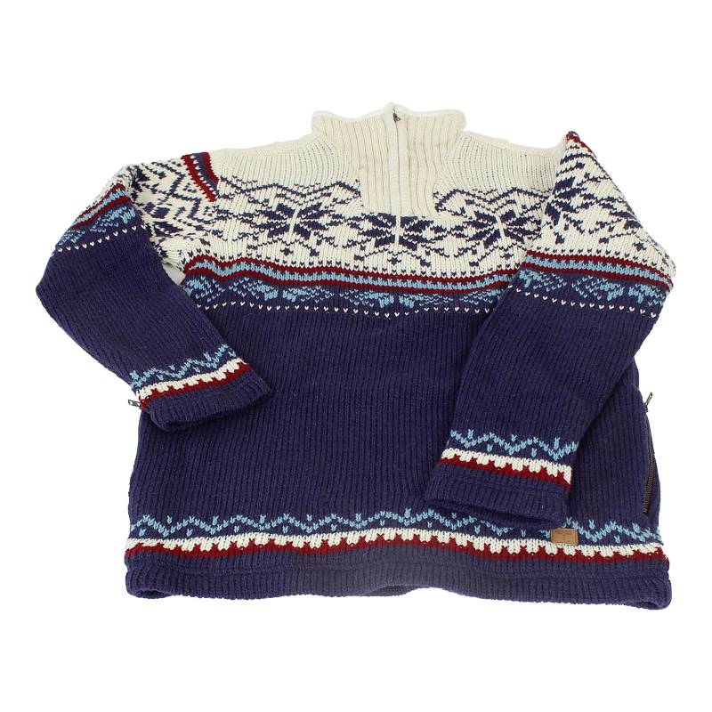 Gemusterter Blauer Wollpullover Troyer 100% Schafswolle Gefüttert Handarbeit Nepal von BUDDHAartsandmore