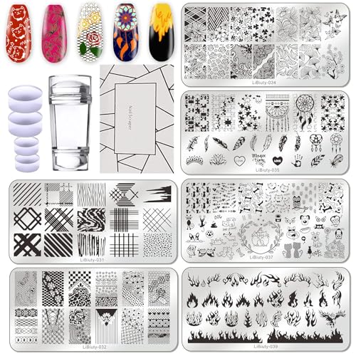 BUDOCI 6er Nagel Stamping Schblonen Platte Set,Nail Stamping Kit mit Nagelplatte,Stempel und Schaber für Nagelstempel Maniküre French Nail Art/Pflanze/Puzzle/Geometrie/Feuer/Tier/Spitze/Feder von BUDOCI