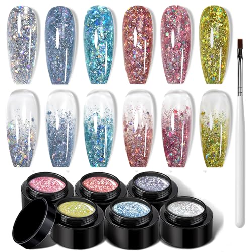 BUDOCI 6 Fraben UV Nagellack Glitzer,Glitzer Gel für Nägel Hell Rosa Nagelgel Shiny Reflective Gel Nail Polish Gelnägel für anfänger Nagelstudio von BUDOCI