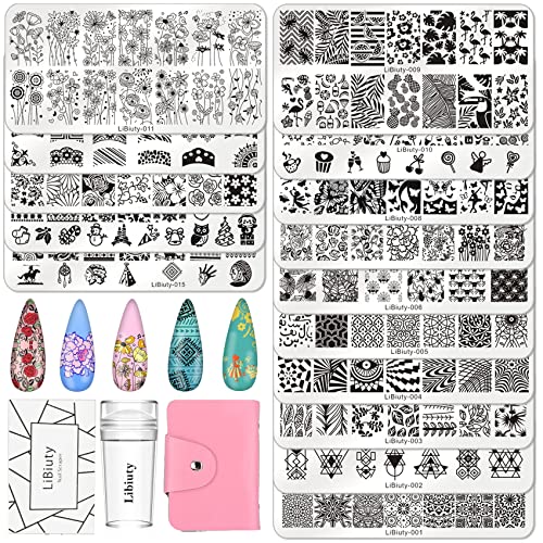 BUDOCI Nail Stamping Set,15 Stück Nail Stamping Plate kit Nägel Stamping Schablonen Platten + Stempel + Schaber + Lagerbeutel für Nagelstempel French Nail Atr Maniküre von BUDOCI