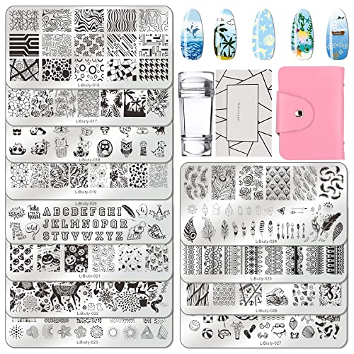 BUDOCI Nail Stamping set,12 St Nail Stamping Plate kit Nägel Stamping Schablonen Platten + Stempel + Schaber + Lagerbeutel für Nagelstempel French Nail Atr Maniküre von BUDOCI