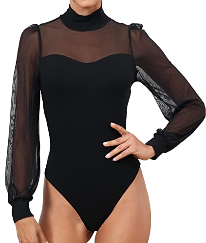 BUENOS NINOS Damen Body mit Ärmeln Schwarz Mesh Oberkörper Anzüge für Damen und Mädchen Perfekt für Partys Dates, Schwarz, S von BUENOS NINOS