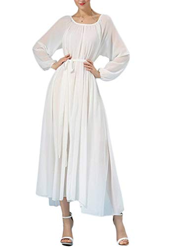 BUENOS NINOS Damen Langarm Rundhalsausschnitt Lose Chiffon Lange Maxikleid mit Gürtel, Weiß, Klein von BUENOS NINOS