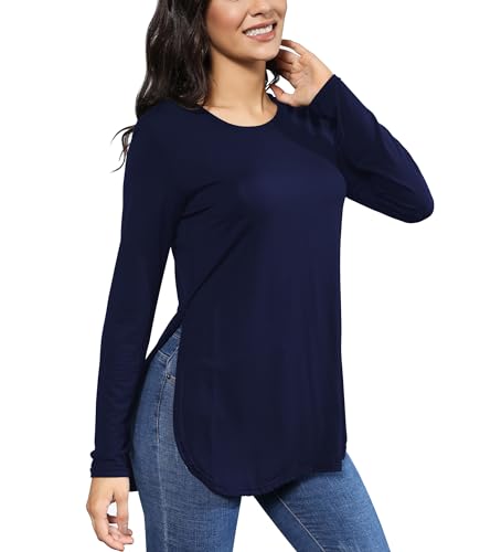 BUENOS NINOS Damen-T-Shirt, lässig, Basic, Rundhalsausschnitt, kurz/langärmelig, Tunika-T-Shirt, Tops mit seitlichem Schlitz, A-navy blau, Groß von BUENOS NINOS