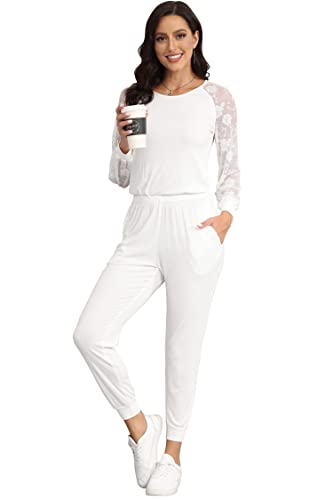 BUENOS NINOS Jumpsuits für Damen, lange Spitzenärmel, gestrickt, elastischer Stoff, einteiliger Overall, Strampler für Damen mit Taschen, Weißer Overall aus Spitze, Large von BUENOS NINOS