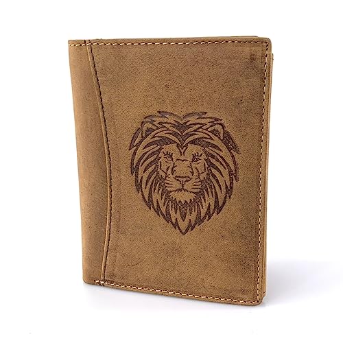 BUFFALO HILL Geldbörse I Löwe Motiv I Büffelleder Portmonee I Echtleder Geldbeutel I Hochformat Portemonnaie Herren I RFID-Schutz I Ledergeldbörse mit Münzfach I 11 Kartenfächer I 2395 (Tan) von BUFFALO HILL