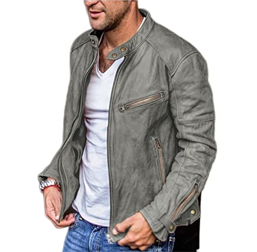 BUGGOF Casual Jacke Herren Einfarbig Frühling Lederjacke Herren Stehkragen Mehrere Taschen Motorradjacke Herren Reißverschluss Dekoration Übergangsjacke Herren A-Grey L von BUGGOF