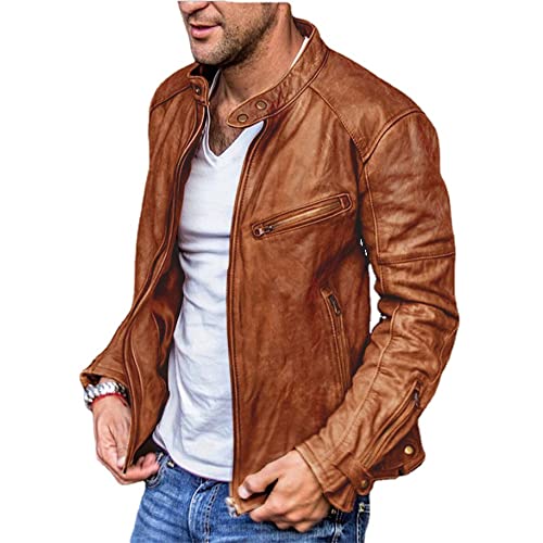 BUGGOF Casual Jacke Herren Einfarbig Frühling Herbst Lederjacke Herren Stehkragen Mehrere Taschen Motorradjacke Herren Reißverschluss Dekoration Übergangsjacke Herren D-Dark Brown 3XL von BUGGOF