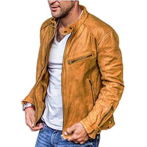 BUGGOF Casual Jacke Herren Einfarbig Frühling Lederjacke Herren Stehkragen Mehrere Taschen Motorradjacke Herren Reißverschluss Dekoration Übergangsjacke Herren E-Light Brown XXL von BUGGOF