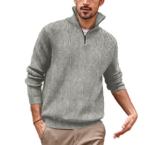 BUGGOF Strickpullover Herrenmode Mit Hohem Kragen Herrenpullover Mit Reißverschluss Herren Lässiger Pullover Herren Polopullover C-Light Grey L von BUGGOF