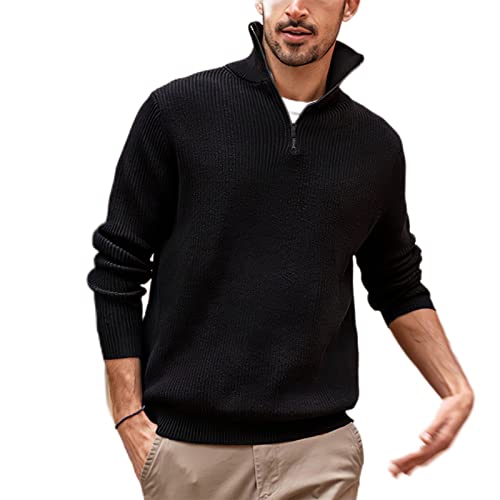 BUGGOF Strickpullover Herrenmode Mit Hohem Kragen Herrenpullover Mit Reißverschluss Herren Lässiger Pullover Herren Polopullover D-Black XL von BUGGOF