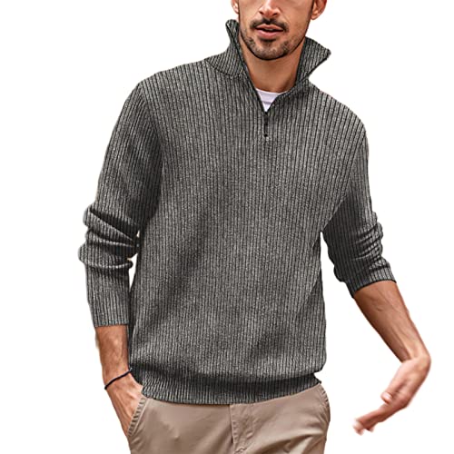 BUGGOF Strickpullover Herrenmode Mit Hohem Kragen Herrenpullover Mit Reißverschluss Herren Lässiger Pullover Herren Polopullover E-Dark Grey 4XL von BUGGOF