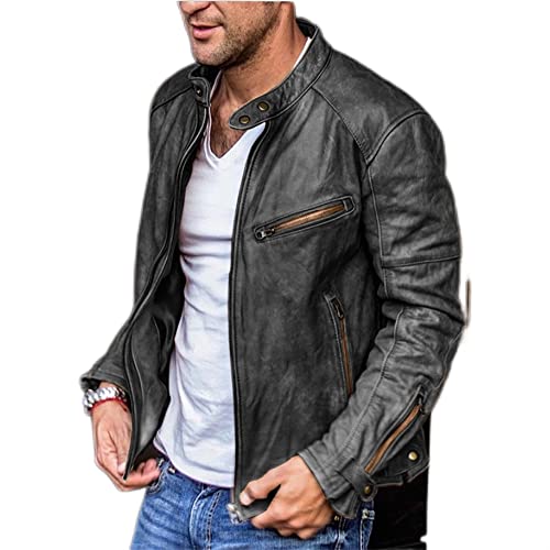Casual Jacke Herren Einfarbig Frühling Lederjacke Herren Stehkragen Mehrere Taschen Motorradjacke Herren Reißverschluss Dekoration Übergangsjacke Herren B-Black XL von BUGGOF