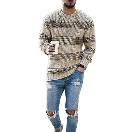 Casual Sweater Herren Gestreift Einfachheit Strickwaren Herren Herbst Winter Urlaub Rundhals Mode Sweater Herren Neue Täglicher Verschleiß Pullover Herren B-Khaki L von BUGGOF