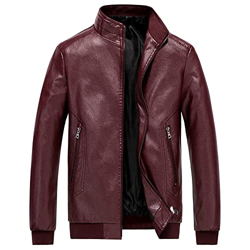 Mode Jacke Herren Einfarbig Slim Fit Stehkragen Lederjacke Herren Felsen Vintage Gutaussehend Langarm Jacke Herren Casual Reißverschluss Taschen Winddichte Jacke Männer B-Red XL von BUGGOF