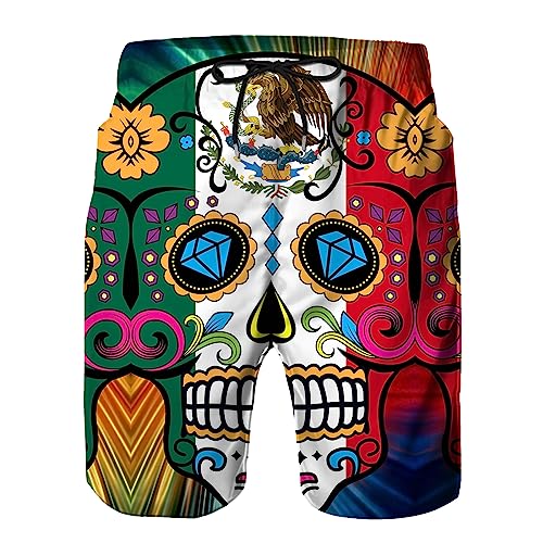 Mexican Sugar Skull Herren Sommer Strand Shorts Athletic Trunks, Weiß, Large von BUGKHD