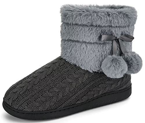 BUGUKI Hausstiefel Damen Plüsch Gefüttert Hüttenschuhe Frauen Winter Hüttenstiefel Plüsch Strick Warm Hausschuhe Hohe Pantoffeln Stiefel Slipper Boot, Grau Gr 36 37 von BUGUKI