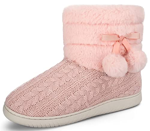 BUGUKI Hausstiefel Damen Plüsch Gefüttert Hüttenschuhe Frauen Winter Hüttenstiefel Plüsch Strick Warm Hausschuhe Hohe Pantoffeln Stiefel Slipper Boot, Rosa Gr 36 37 von BUGUKI