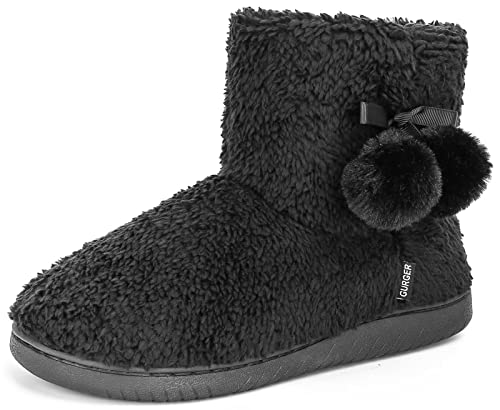 BUGUKI Hausstiefel Damen Plüsch Gefüttert Hüttenschuhe Frauen Winter Hüttenstiefel Plüsch Strick Warm Hausschuhe Hohe Pantoffeln Stiefel Slipper Boot, Schwarz Gr 38 39 von BUGUKI