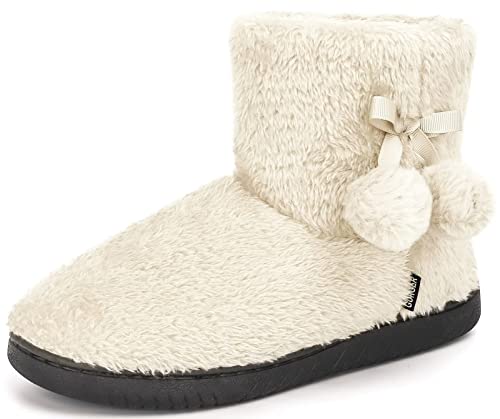 BUGUKI Hausstiefel Damen Plüsch Gefüttert Hüttenschuhe Frauen Winter Hüttenstiefel Plüsch Strick Warm Hausschuhe Hohe Pantoffeln Stiefel Slipper Boot, Weiß Gr 38 39 von BUGUKI