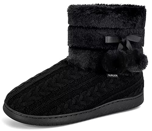 BUGUKI Hüttenschuhe Damen Plüsch Gefüttert Hausstiefel Frauen Winter Hüttenstiefel Plüsch Strick Warm Hausschuhe Hohe Pantoffeln Stiefel Slipper Boot, Schwarz Gr 36 37 von BUGUKI