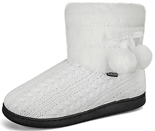 BUGUKI Hüttenschuhe Damen Plüsch Gefüttert Hausstiefel Frauen Winter Hüttenstiefel Plüsch Strick Warm Hausschuhe Hohe Pantoffeln Stiefel Slipper Boot, Weiß Gr 38 39 von BUGUKI