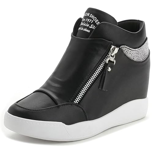 BUGUKI Sneaker Keilabsatz Damen Plateau Mode Freizeitschuhe Wedges Turnschuhe für Frauen Schwarz Größe 35, 230 von BUGUKI