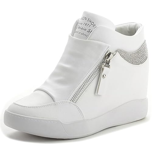 BUGUKI Sneaker Keilabsatz Damen Plateau Mode Freizeitschuhe Wedges Turnschuhe für Frauen Weiß Größe 38, 250 von BUGUKI