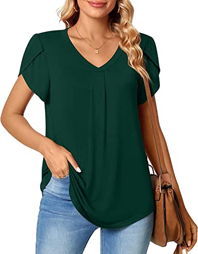 BUHIM Damen Tshirt V-Ausschnitt Oberteile Sommer Blütenblatt Kurzarm Shirts Casual Lose Tunika Tops (XL, Grün) von BUHIM