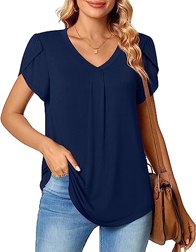 BUHIM Damen Tshirt V-Ausschnitt Oberteile Sommer Blütenblatt Kurzarm Shirts Casual Lose Tunika Tops (XL, Marineblau) von BUHIM