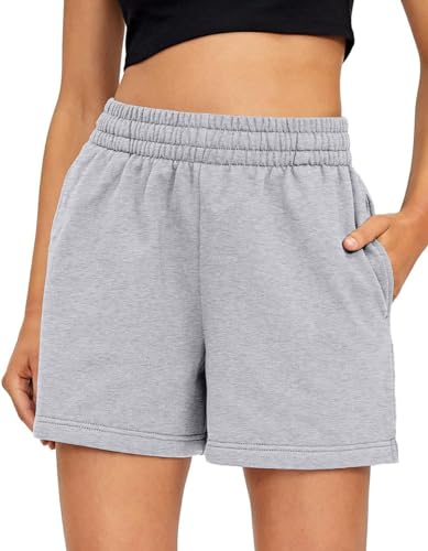 BUHIM Shorts Damen Kurze Hose Sommer Sport Shorts Baumwolle Casual Kurz Jogginghose Sporthose Bequeme High Waist Running Shorts mit Taschen (Hellgrau, L) von BUHIM