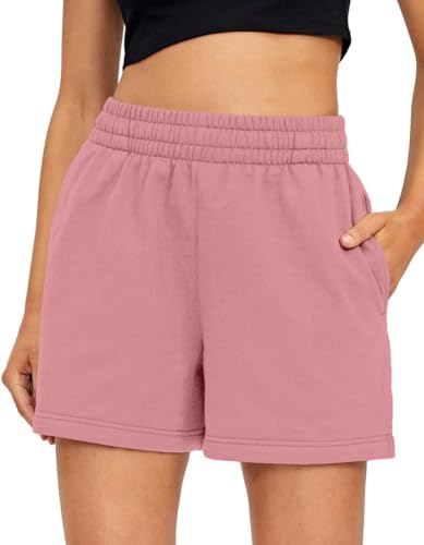 BUHIM Shorts Damen Kurze Hose Sommer Sport Shorts Baumwolle Casual Kurz Jogginghose Sporthose Bequeme High Waist Running Shorts mit Taschen (Rosa, L) von BUHIM