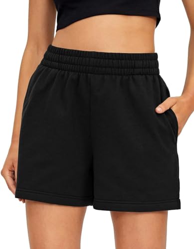 BUHIM Shorts Damen Kurze Hose Sommer Sport Shorts Baumwolle Casual Kurz Jogginghose Sporthose Bequeme High Waist Running Shorts mit Taschen (Schwarz, M) von BUHIM