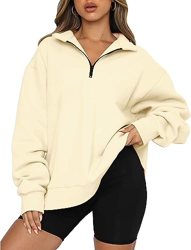 BUHIM Sweatshirt Damen Oversized Pullover Herbst Winter Warm Hoodie Langarm Pulli Einfarbig Casual Lose Fleece Oberteile (Aprikose, L) von BUHIM