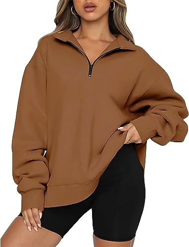 BUHIM Sweatshirt Damen Oversized Pullover Herbst Winter Warm Hoodie Langarm Pulli Einfarbig Casual Lose Fleece Oberteile (Braun, M) von BUHIM