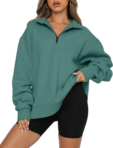 BUHIM Sweatshirt Damen Oversized Pullover Herbst Winter Warm Hoodie Langarm Pulli Einfarbig Casual Lose Fleece Oberteile (Grün, S) von BUHIM