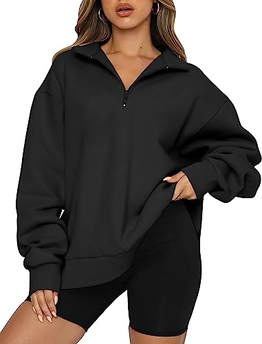 BUHIM Sweatshirt Damen Oversized Pullover Herbst Winter Warm Hoodie Langarm Pulli Einfarbig Casual Lose Fleece Oberteile (Schwarz, L) von BUHIM