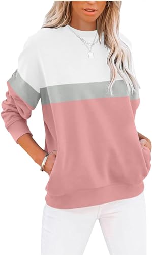 BUHIM Sweatshirt Damen Pullover Rundhals Langarmshirt Herbst Winter Farbblock Pulli Baumwolle Casual Langarm Oberteile Tops mit Taschen (A-Rosa, L-1) von BUHIM