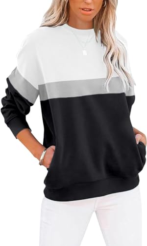 BUHIM Sweatshirt Damen Pullover Rundhals Langarmshirt Herbst Winter Farbblock Pulli Baumwolle Casual Langarm Oberteile Tops mit Taschen (A-Schwarz, L) von BUHIM