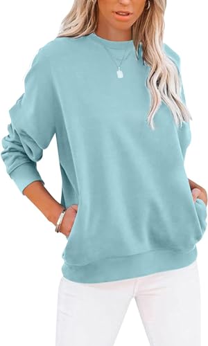 BUHIM Sweatshirt Damen Pullover Rundhals Langarmshirt Herbst Winter Pulli Baumwolle Casual Langarm Oberteile Tops mit Taschen (Blau, M) von BUHIM