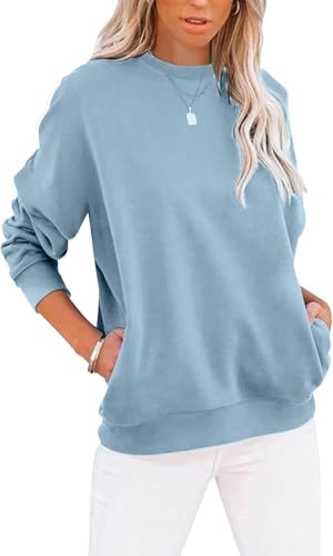 BUHIM Sweatshirt Damen Pullover Rundhals Langarmshirt Herbst Winter Pulli Baumwolle Casual Langarm Oberteile Tops mit Taschen (Blau, XL-2) von BUHIM