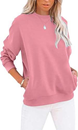 BUHIM Sweatshirt Damen Pullover Rundhals Langarmshirt Herbst Winter Pulli Baumwolle Casual Langarm Oberteile Tops mit Taschen (Rosa, XXL) von BUHIM