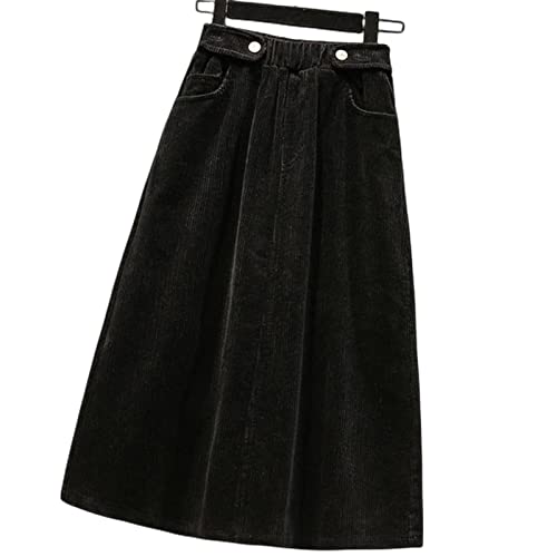 BUJNIE Midi-Rock, Übergröße, Damen, Cordrock, A-Linie, langer Rock, Damen, Herbst, Winter, hohe Taille, Schwarz, Größe 4XL von BUJNIE
