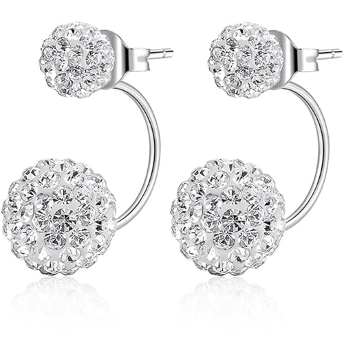 BUKEQILA Damen 925 Sterling Silber Ohrringe Doppel Österreichischer Kristallkugeln Ohrstecker Disco Shamballa Kugel 6MM/8MM Vorne Hinten Ohrringe mit Geschenkbox,Zwei Arten zu tragen von BUKEQILA