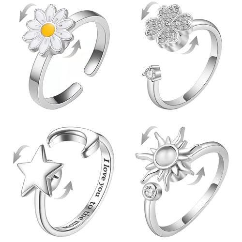 BUKEQILA Spinner Fidget Anti-Stress-Ring - 4 Stück Drehbarer Gänseblümchen-Klee-Sonne-Sterne-Mond Ring, Adhs-Beruhigungsring, Geschenke für Männer und Frauen von BUKEQILA