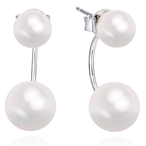 Doppel-Perlen-Hängeohrringe für Frauen, 925 Sterling Silber-Stecker, Perlenohrringe mit Vorder- und Rückenperlen von 8 mm 10 mm, Doppel-Perlen-Steckerohrringe, Schmuckgeschenk für Frauen und Mädchen von BUKEQILA