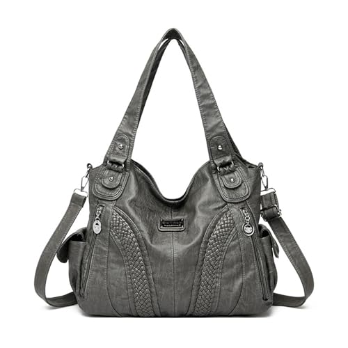 BUKESIYI Damen Tasche Handtasche Umhängetasche Schultertasche Frauen Kulturbeutel Klein PU Leder Weekender DE77442 Grau von BUKESIYI