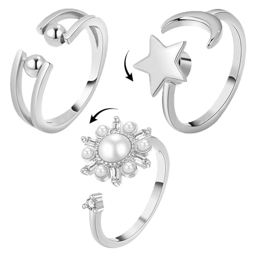 BUKYCAT 3 Stk Angst Fidget Ringe, Verstellbare Spinnerringe, Zirkonia Ringe für Damen, Verstellbare Stapelbare für Stress Abbauen (D) von BUKYCAT