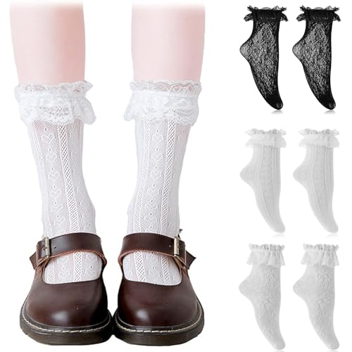 BUKYCAT 3 Paar Rüschen Socken, Söckchen mit Rüschen, Spitzen Rüschen Socken, Frauen Söckchen Spitzen, Prinzessinnen Socken, Liner Söckchen, Damen Mädchen Uniform Lolita Kostüm Zubehör von BUKYCAT