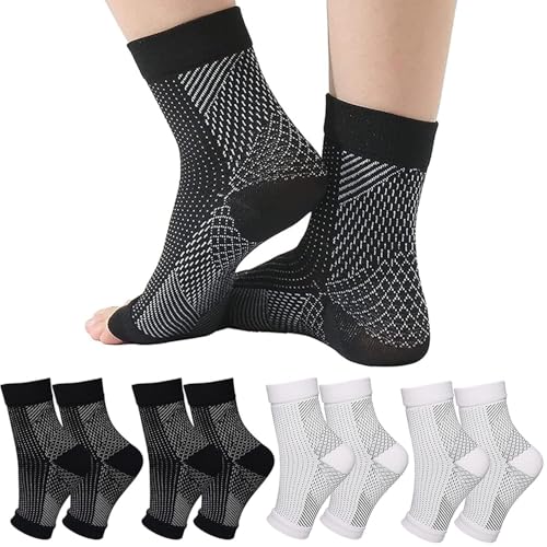 BUKYCAT 4 Paar Orthopädische Kompressionssocken, Kompressions Socken, Plantar Fasciitis Socken Für Herren Und Damen (DE/NL/SE/PL, Alphanumerisch, Einheitsgröße, Regular, Regular, S/M, Schwarz+Weiß) von BUKYCAT